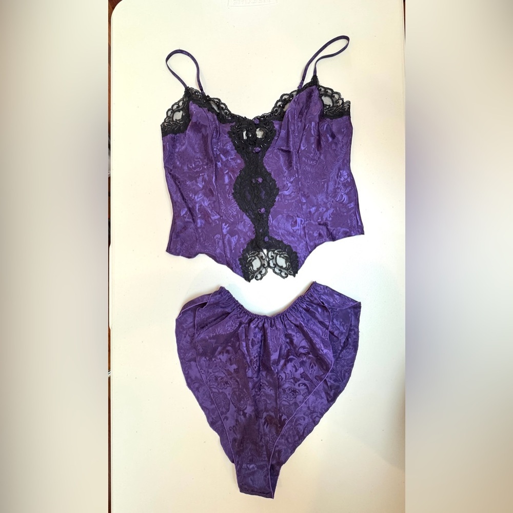 Victoria’s Secret 90s Vintage Purple Satin Camisole & Panty Set Lace Lingerie
